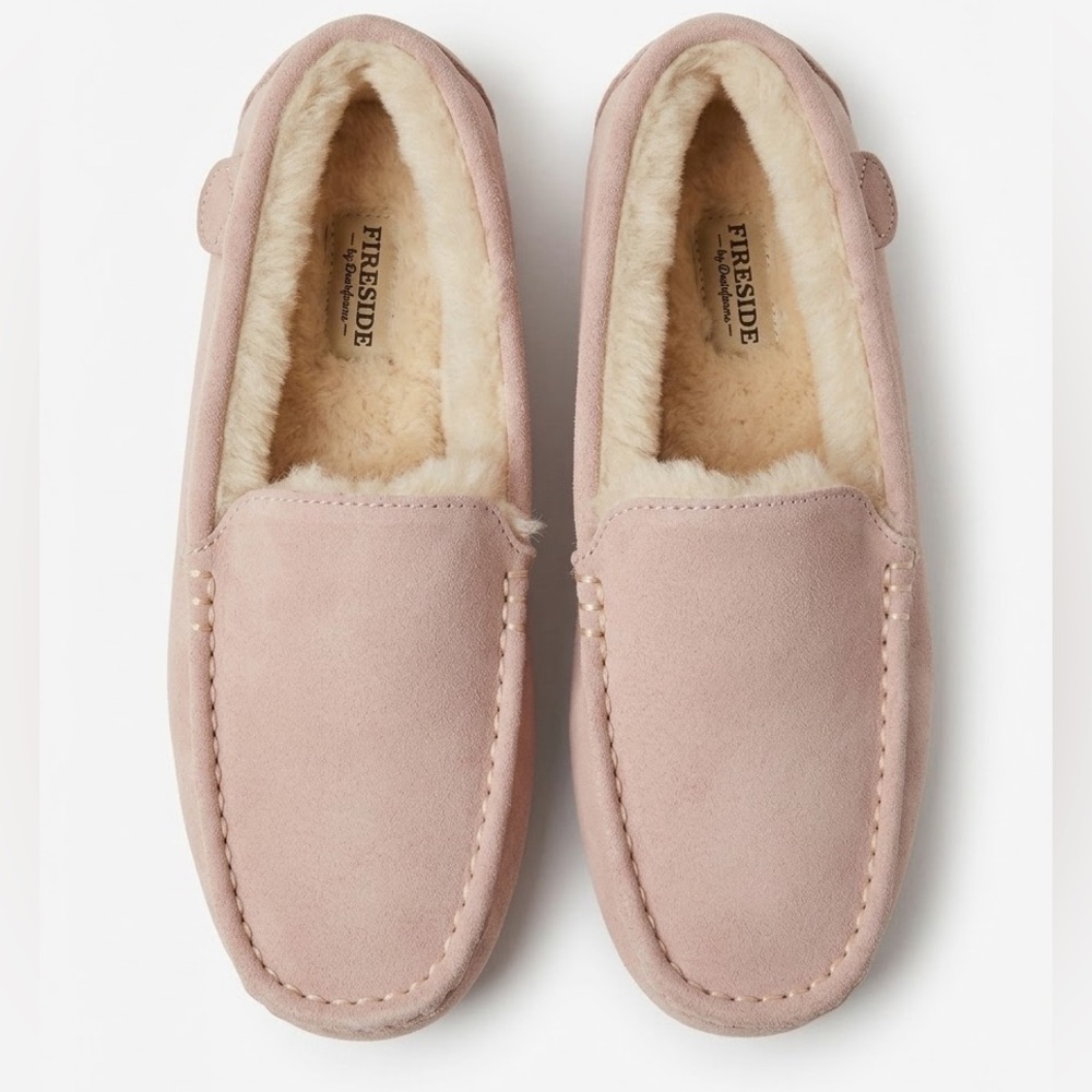 Fireside by Dearfoams Mel Genuine Shearling Moccasin Slippers Pink Suede Size 9